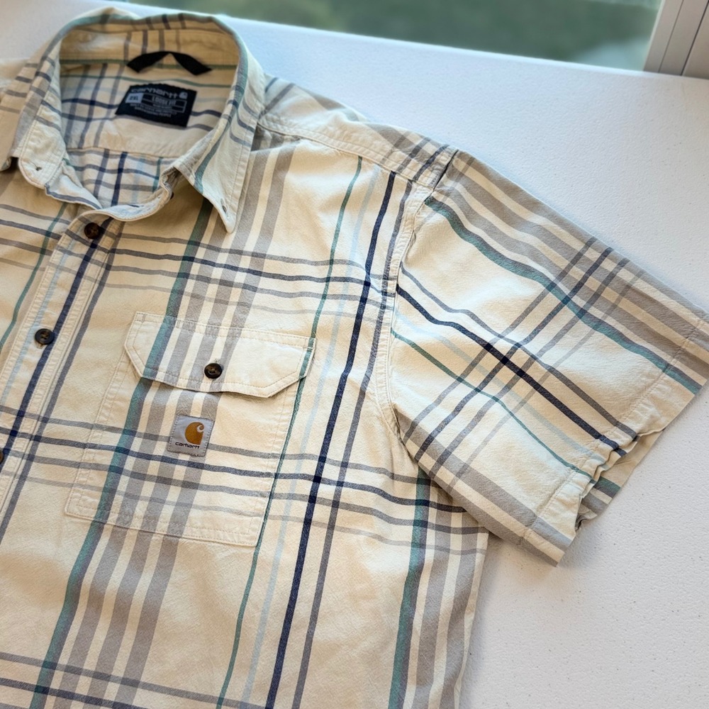 Carhartt Mens 2XL Loose Fit Plaid Short Sleeve Button Down Shirt 105175 Cream